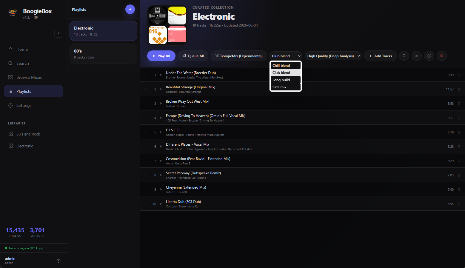 BoogieMix playlist controls and mix generation interface