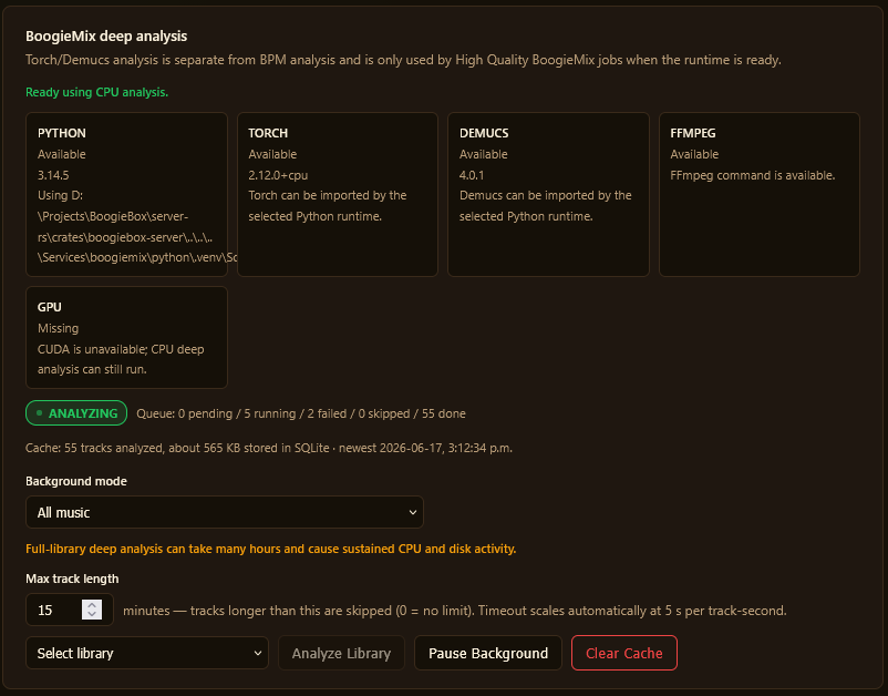 BoogieMix deep analysis settings panel