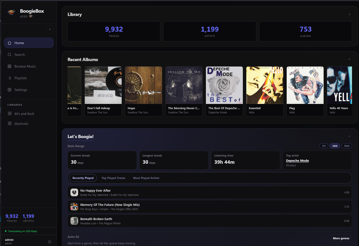 BoogieBox home dashboard showing music recommendations and library activity