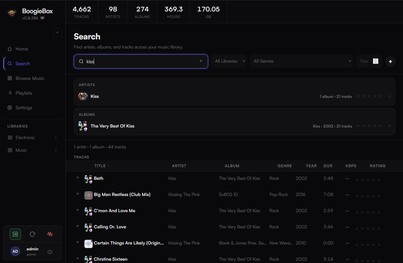 BoogieBox search results across artists, albums, and tracks
