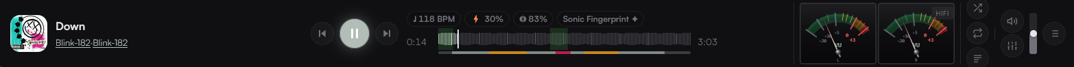 BoogieBox playback bar showing VU needle meters